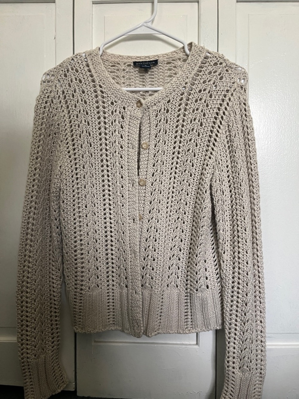 Ann Taylor Cream Open-Knit Button Cardigan